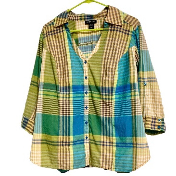 LANE BRYANT Plaid Shirt 100% Cotton Checkered Green Blue Yellow Womens 2X - Picture 12 of 16